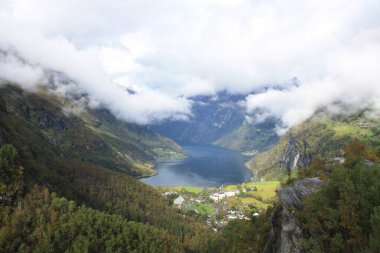Geiranger, in the middle of the fjord with impressive views. Norway.