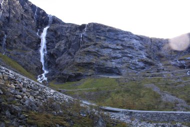 Trollstigen, Norwegian road between valleys, waterfalls and fjords.