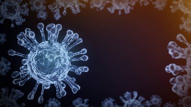 Coronavirus COVID-19, mesaj ya da yerleştirme alanı var. Coronavirus 2019-nCov romanı Coronavirus konsepti SARS-CoV-2 salgınından sorumlu. Mikroskop virüsü yaklaşıyor. 3d oluşturma.