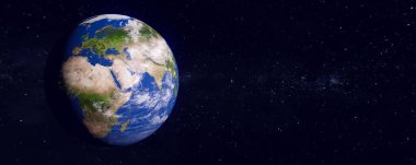 Dünya ve galaksinin panoramik görüntüsü. Mavi gezegen. Uzaylı Dünya Küresi. Avrupa ve Afrika kıtalarını gösteriyor. 3 boyutlu canlandırma. Bu görüntünün elementleri NASA tarafından desteklenmektedir.