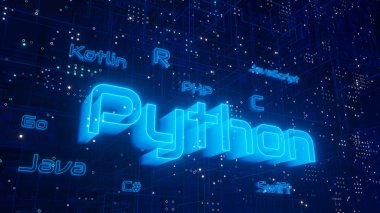 Teknoloji arka planında Python programlama dili ve diğer bilgisayar dilleri. Kodlama ve programlama konsepti. 3d oluşturma.