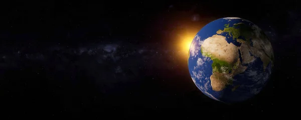 带着阳光和星系的地球全景 蓝色的星球 来自太空的世界环球报 非洲和亚洲部分地区的大陆 3D渲染插图 美国航天局提供的这一图像的要素 — 图库照片
