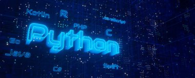 Teknoloji arka planında Python programlama dili ve diğer bilgisayar dillerinin panoramik görüntüsü. Kodlama ve programlama konsepti. 3d oluşturma.