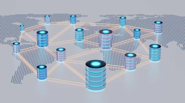 Database network on digital dotted world map. Concept of a database storage network, Global database. Network databases. 3D illustration.