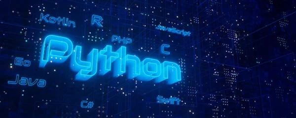 Panoramic view of Python programming language and other computer languages on technology background. Coding and Programming concept. 3d rendering.