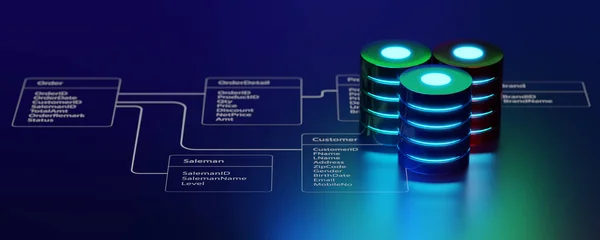 Panoramic view of multiple database is placed on Relational database tables. Concept of database server, SQL, data storage, database diagram design, Data center, Webhosting. 3D illustration.