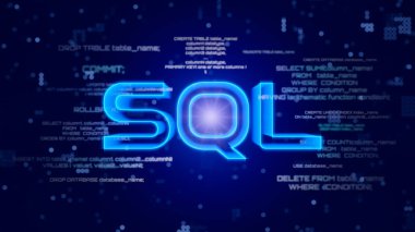 Mavi arkaplan üzerinde SQL sözcük ve SQL ifadeleri (Yapılandırılmış Sorgu Dili) kodu. 3B illüstrasyon.