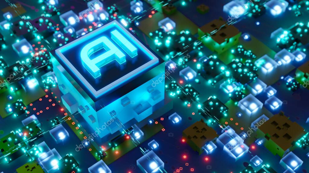 Procesador de chips digitales de computadora abstracta y signo de IA