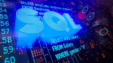 Mavi arkaplan üzerinde SQL sözcük ve SQL ifadeleri (Yapılandırılmış Sorgu Dili) kodu. 3B illüstrasyon.
