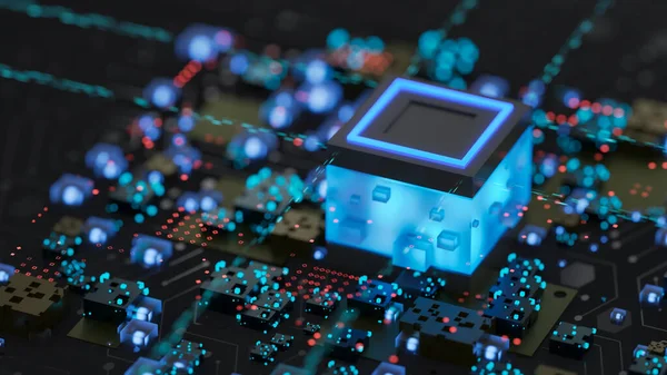 Abstract computer digital chip processor. Electronic components on circuit board. Artificial intelligence, Technology background, Machine learning, Microprocessor, CPU. 3D rendering.