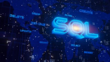 Mavi noktalı harita üzerinde SQL ifadeleri (Yapılandırılmış Sorgu Dili) kod. 3B görüntüleme.