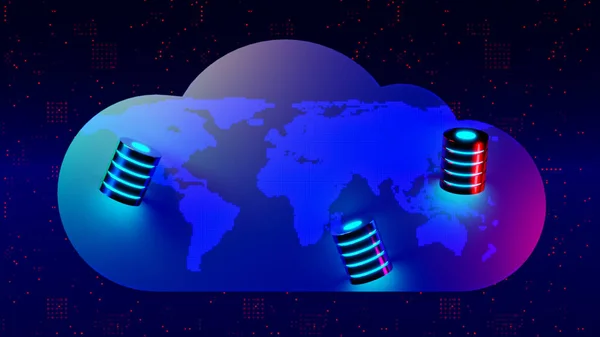 Multiple database is placed on cloud digital dotted world map. Concept of a cloud database storage network, Global database. Network databases.  3D rendering.