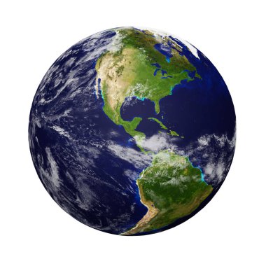 Planet earth with clouds  isolated on white background, Continents of North America and South America.  Elements of this image furnished by NASA. 3D rendering. 
