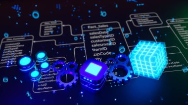 The OLAP process. Online Analytical Processing concept, Data analysis, OLAP Server, Business Intelligence BI, Key performance indicators KPI, Dashboard, SQL, MDX, 3D rendering. 