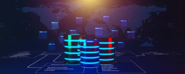 Multiple database is placed on Relational database tables with a blue dotted map background. Concept of database server, SQL, data storage, database diagram design. 3D illustration.