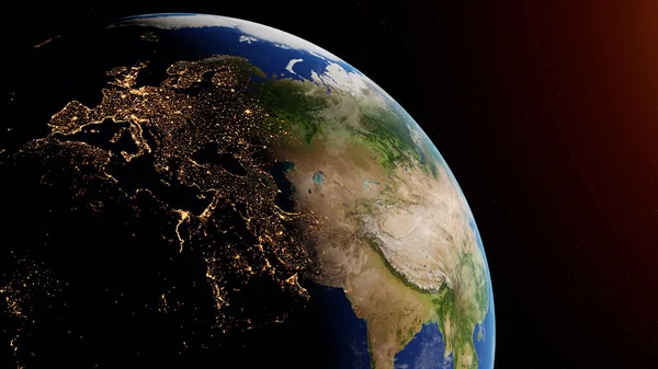 Day and night on Earth planet viewed from space showing the lights of Europe, Middle east, West asia and North Africa. 3D rendering. Elements of this image furnished by NASA.