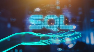 SQL sözcüğü ve SQL (Yapılandırılmış Sorgu Dili) kodunu sunucu odası arkaplanı ile gösteren el.