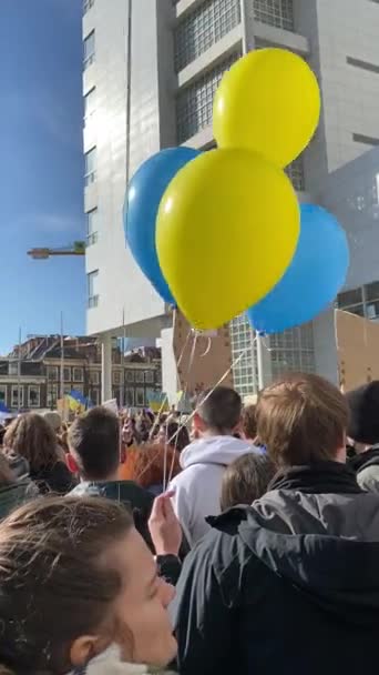 荷兰海牙 2002年2月26日 拿着乌克兰国旗 标语牌和气球的人参加抗议俄罗斯入侵乌克兰的抗议活动 — 免费的图库视频