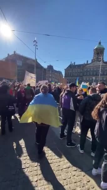 Netherlands Amsterdam 2022 People Ukrainian Flags Placards Participate Protest War — Free Stock Video