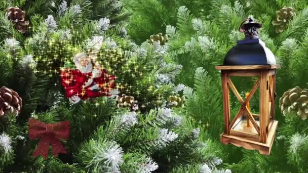 Vrolijk Kerstman Een Rood Glanzende Auto Rijdt Rond Bomen Steekt — Stockvideo