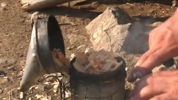 연기는 벌통에서 나옵니다 풀무는 진정시키는 — 비디오