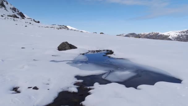 Damm Med Ackumulerat Vatten Snön Utsikt Från Drönaren Himmelreflektion — Stockvideo