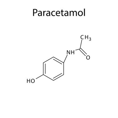 Parasetamol moleküler yapısı, düz iskelet kimyasal formülü. NSAID ilacı ağrıyı, ateşi ve romatizmayı tedavi etmek için kullanılır. Vektör illüstrasyonu.