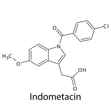 Indometasin moleküler yapısı, düz iskelet kimyasal formülü. NSAID ilacı ağrıyı, romatizma artrit, ankilozan spondilit, osteoartrit tedavisinde kullanılır. Vektör illüstrasyonu.