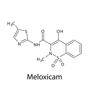Meloxicam moleküler yapısı, düz iskelet kimyasal formülü. NSAID ilacı ağrıyı, osteoartrit tedavisinde kullanılır. Vektör illüstrasyonu.