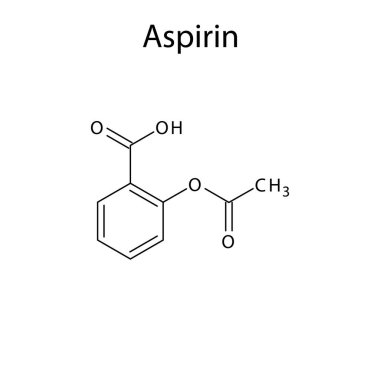 Aspirin moleküler yapısı, düz iskelet kimyasal formülü. Ateşin, anjinin ve iskemik felcin tedavisinde kullanılan NSAID ilacı. Vektör illüstrasyonu.