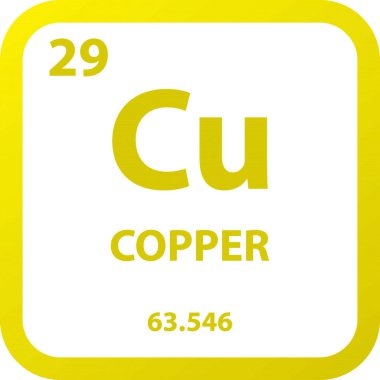 Cu Copper Metal Kimyasal Element Periyodik Tablosu. Basit düz kare vektör çizimi, molar kütleli basit temiz biçim simgesi ve Lab, bilim veya kimya sınıfı için atom numarası.