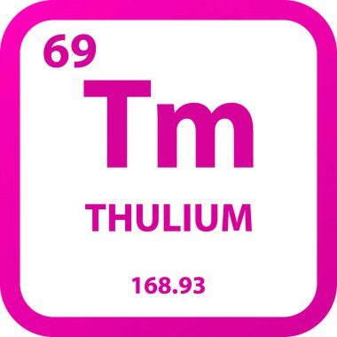 Tm Thulium Lanthanide Kimyasal Element Periyodik Tablosu. Basit düz kare vektör çizimi, molar kütleli basit temiz biçim simgesi ve Lab, bilim veya kimya sınıfı için atom numarası.