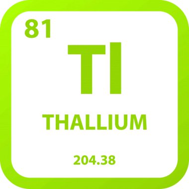 TI Thallium Post geçiş metali kimyasal element periyodik tablosu. Basit düz kare vektör çizimi, molar kütleli basit temiz biçim simgesi ve Lab, bilim veya kimya sınıfı için atom numarası.