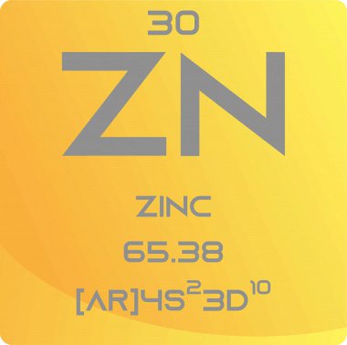 Zn Zinc Geçiş Metal Kimyasal Element Periyodik Tablosu. Basit düz kare vektör illüstrasyonu, molar kütlesi, atom numarası ve elektron konfigürasyonu olan basit temiz biçim simgesi. EPS10 vektör illüstrasyonu.