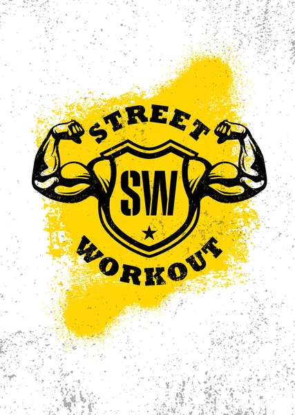 Street Workout Club Sign Concept. Forte scudo motivazionale con composizione di bicipiti. Illustrazione di stile urbano dei graffiti del vettore di sport all'aperto sullo sfondo della vernice dello spruzzo. — Vettoriale Stock