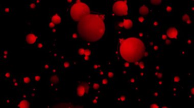 Siyah arka planda Noel süslerinin canlandırması, kırmızı dekoratif oyuncaklar havada süzülüyor..