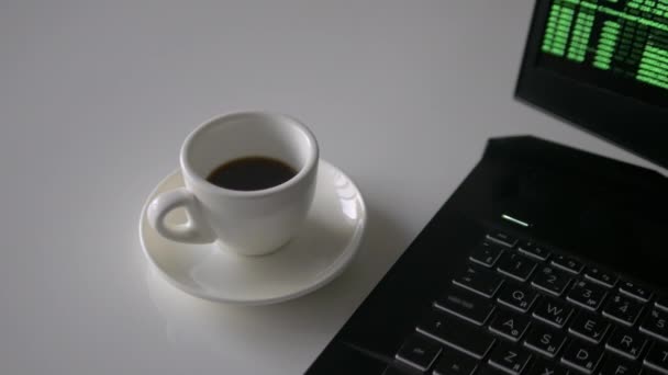 Υπάλληλος Γραφείου Πίνει Σκέτο Καφέ Online Εργασία Στο Σπίτι Στο — Αρχείο Βίντεο