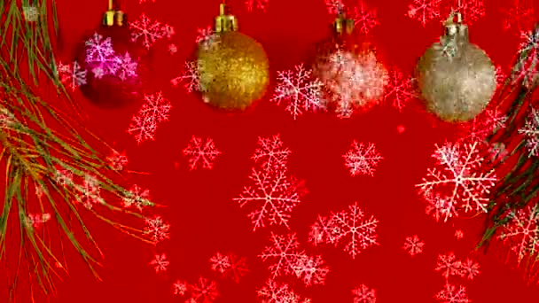 Christmas Background Red Snowflakes Toys Copy Space Flying Snowflakes Red — Stock Video