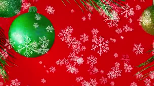 Krásné Vánoční Pozadí Červené Padající Dekorativní Sněhové Vločky Hračky Kopírovat — Stock video