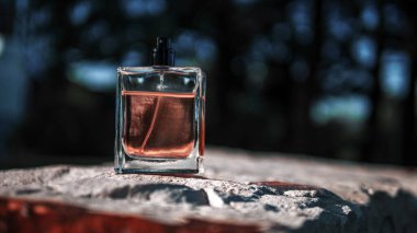 Bokeh arka planında erkek parfümü. Erkek parfümü kutusu.