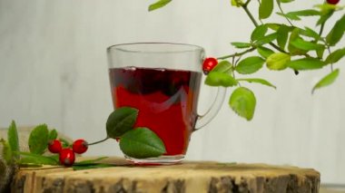 Bitki ve kırmızı böğürtlen tentürü, ahşap arka planda şifalı gül kalçası çayı, homeopati.