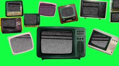 Yeşil krom anahtar arka planında mavi ekranlı klasik televizyonlar. Projenizin bileşimi için TV görüntüsü.
