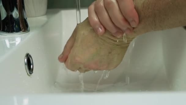 Close Elderly Woman Washes Her Hands Tap Water Washes Away — Stock Video
