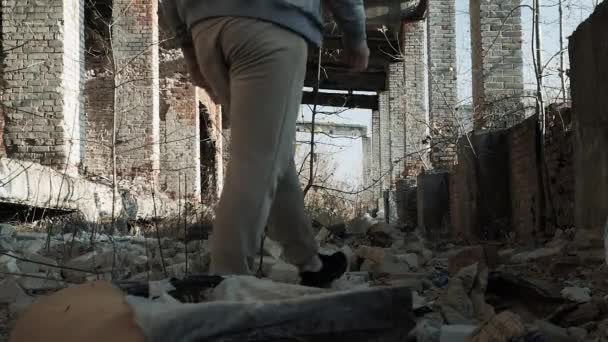 Young Man Ruined House Lonely Sad Guy Examines Abandoned Room — Stock Video