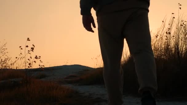 Samotny Człowiek Zachodzie Słońca Mężczyzna Spotyka Piękny Zachód Słońca Mężczyzna — Wideo stockowe