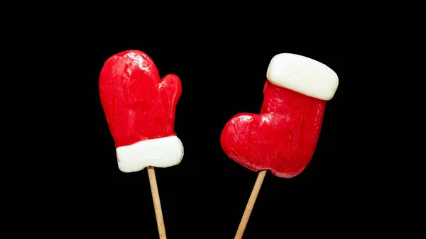 Lollipops Navidad Negro Fondo Tradicional Año Nuevo Caramelos Santa Mitten — Foto de Stock