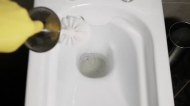 Tuvaleti fırçayla fırçala. Banyodaki klozeti temizleyen eldivenli el. Suyu tuvalete atıp sifonu çek.