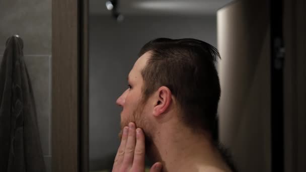 Bir Adam Aynanın Önünde Sakalını Fırçalıyor Elinde Tarak Olan Sakallı — Stok video