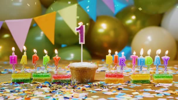 Hihetetlenül Gyönyörű Boldog Születésnapot Háttér Egy Éves Boldog Születésnapot Torta — Stock videók