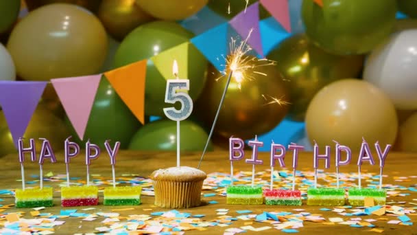 Beautiful Happy Birthday Decoration Background Five Year Old Child Cupcake — Video Stock